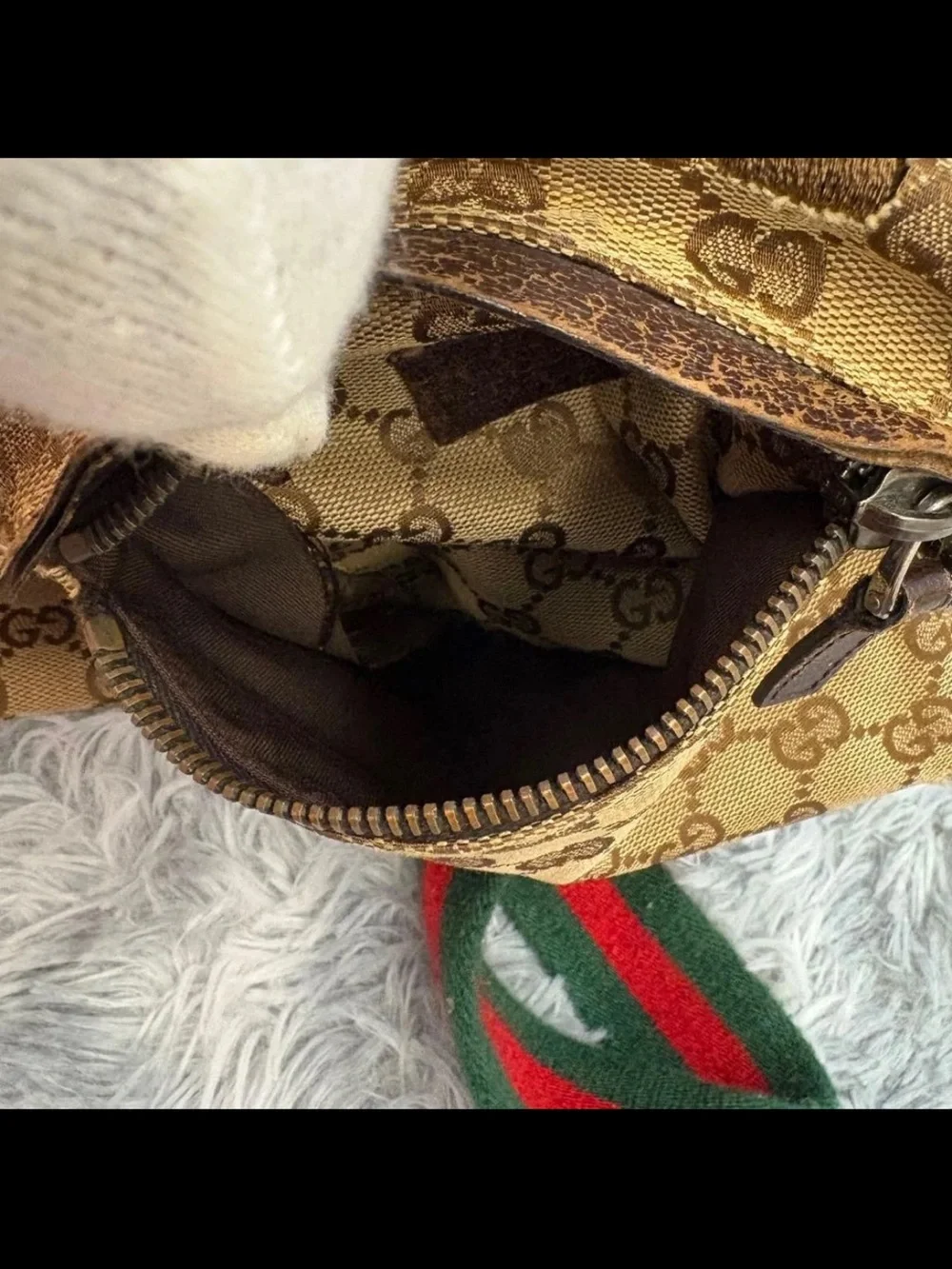 Gucci Tan GG Canvas Belt Bag with Brown Leather and Green-Red Web Strap